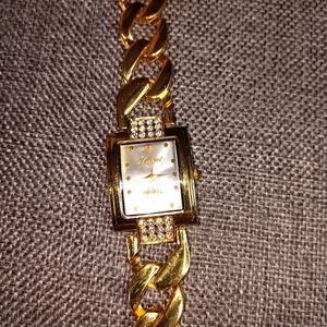 Lupai Gold Chain-Link Watch Rhinestone Embellished 7-1/4" Works!